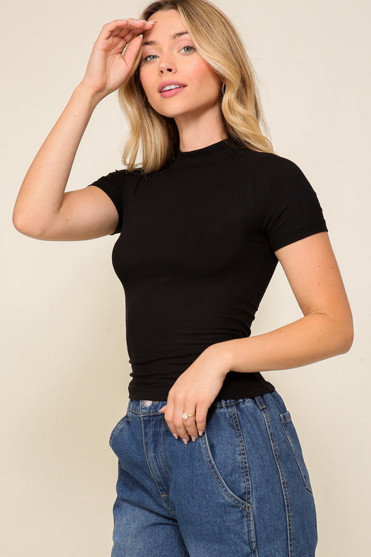 Black Mock Neck Ribbed Top