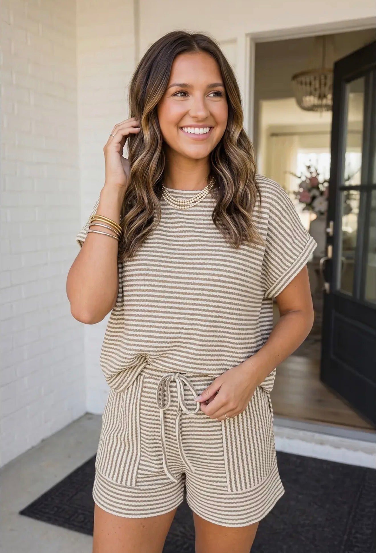 Brown stripe short set