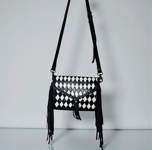 Checkered Diamond Fringe Crossbody